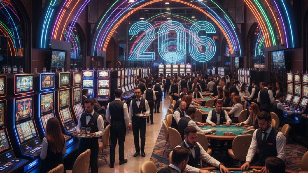 2026 yılında casinoda poker oynayan ve slot makineleri başında oturan insanlar