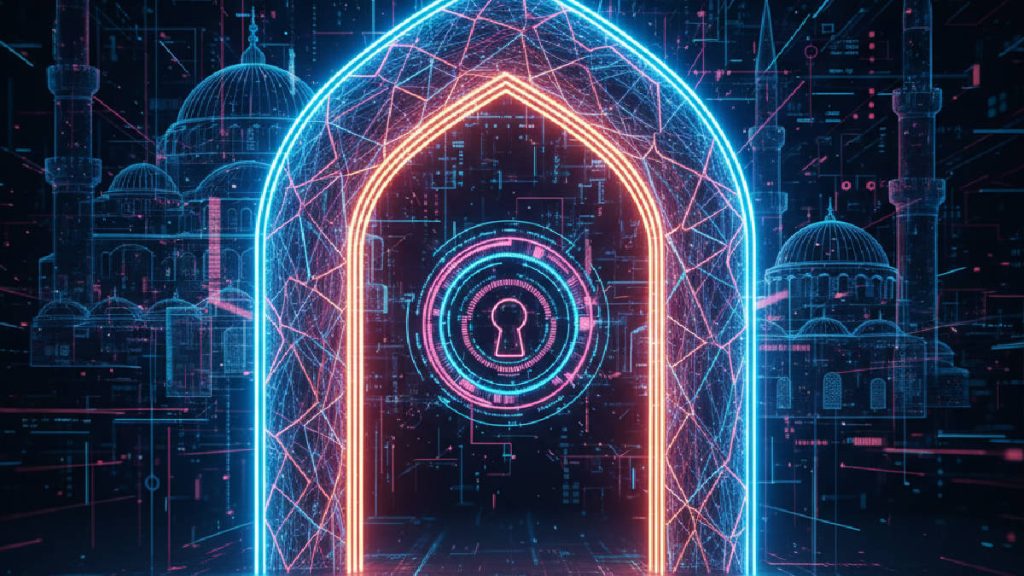 Casher 2026 giriş ekranını temsil eden fütüristik, neon ışıklı bir dijital portal.