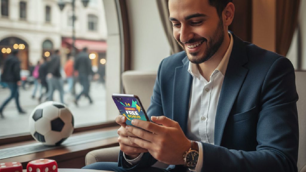 Akıllı telefonda deneme bonusu fırsatını sevinçle karşılayan bir kişi ve arka planda hafif bahis motifleri.