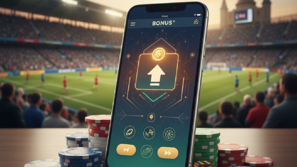 Akıllı telefonda deneme bonusu bildirimi ve arka planda spor stadyumu manzarası.