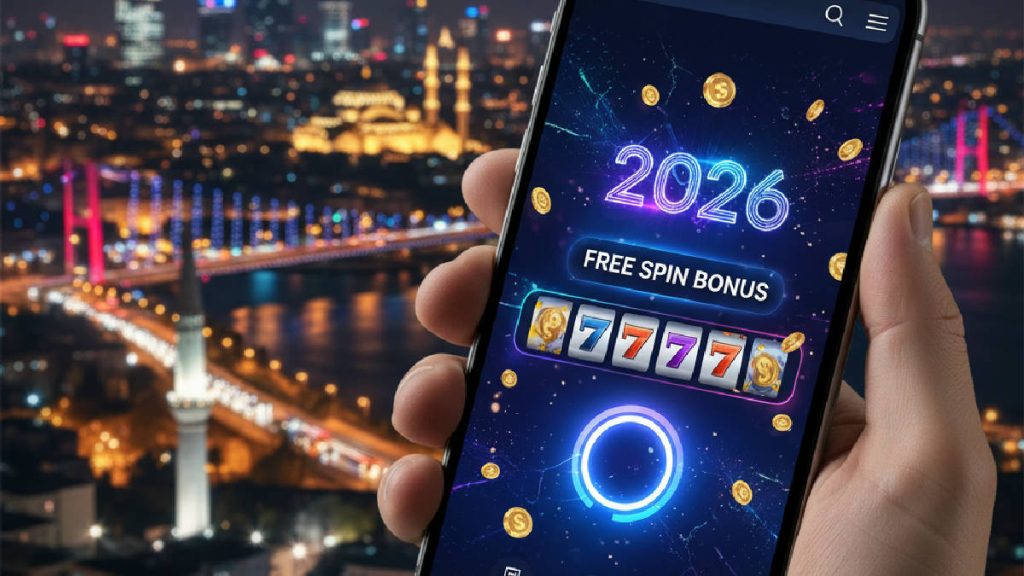 Akıllı telefon ekranında 2026 yılına ait deneme bonusu ve free spin reklamı gören yetişkin bir kullanıcı.