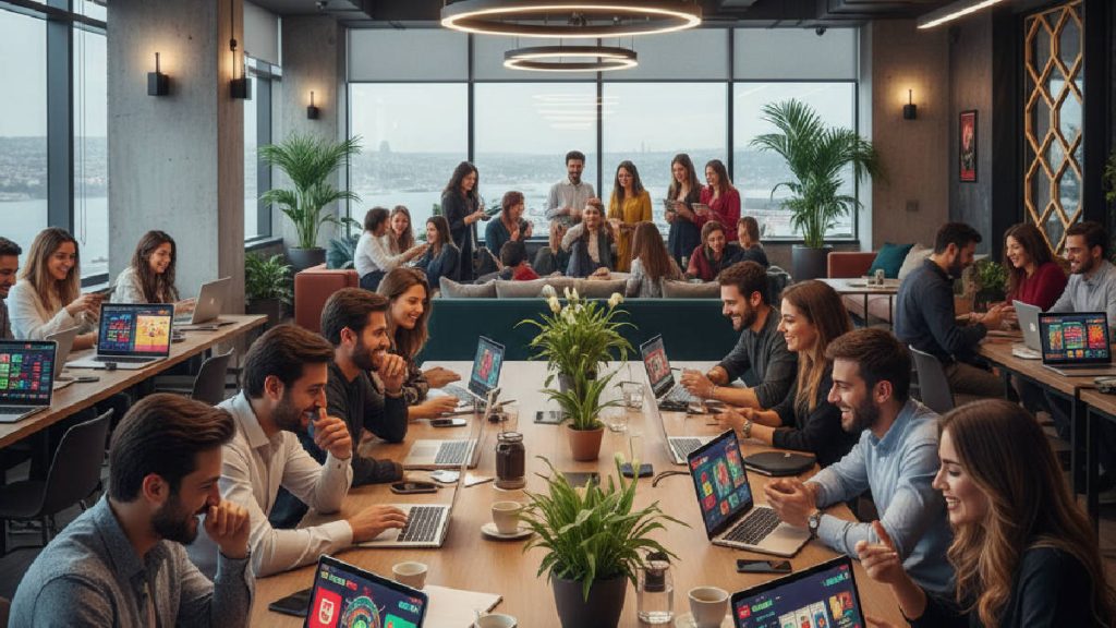 Çeşitli insanların dizüstü bilgisayarlar ve akıllı telefonlarla canlı bahis oynadığı ve deneme bonuslarını incelediği bir sahne.