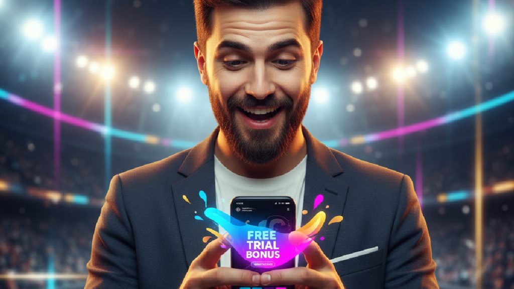 Akıllı telefonda deneme bonusu bildirimini kontrol eden bir kişi, arka planda spor ve casino temaları.