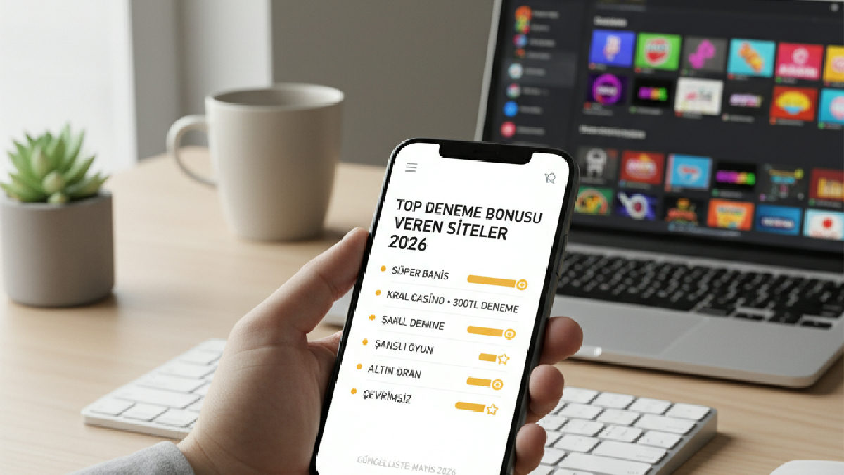 Elinde güncel deneme bonusu veren siteler listesini gösteren bir akıllı telefon tutan kişi.