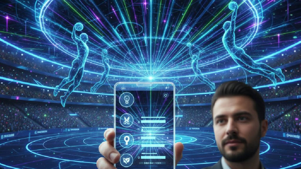 2026 yılı sanal ortamda bir akıllı telefondan bahis oynayan kişinin eli, neon renkli bir stadyumda.