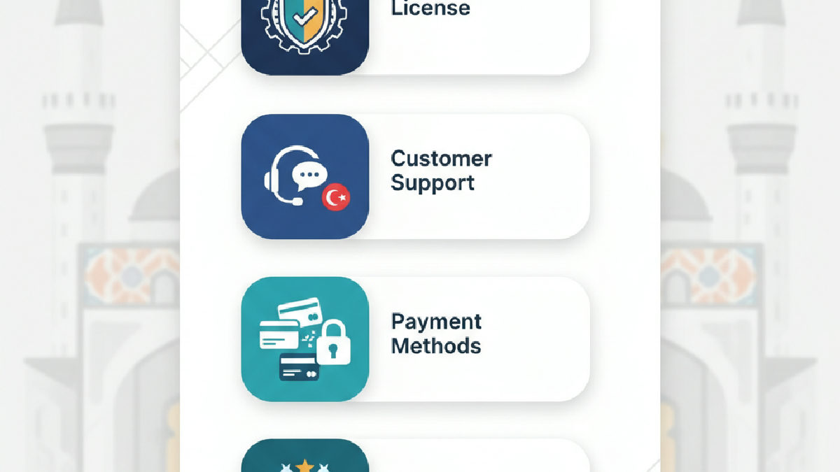 Güvenilir sanal bahis sitesi seçimi için ipuçları: Lisans, destek, ödeme ve kullanıcı yorumları simgeleri ile bir infografik.
