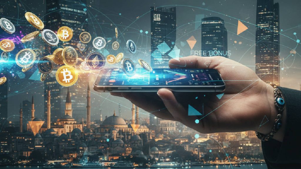 Dijital paraların akıllı telefona aktığını gösteren dinamik bir görsel; ücretsiz bonus temalı, fütüristik şehir manzaralı.