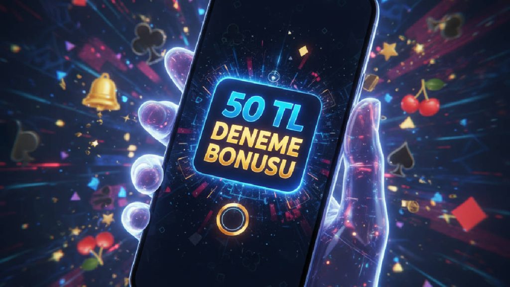 Mobil ekranda '50 TL Deneme Bonusu' yazısı, dijital kumarhane öğeleriyle çevrili.