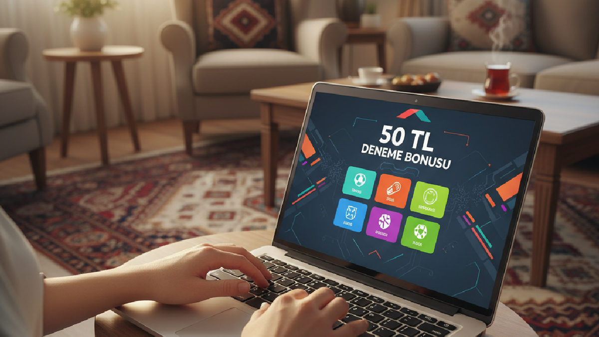 Dizüstü bilgisayarda 50 TL deneme bonusu reklamı olan bir bahis sitesi görüntüleniyor.