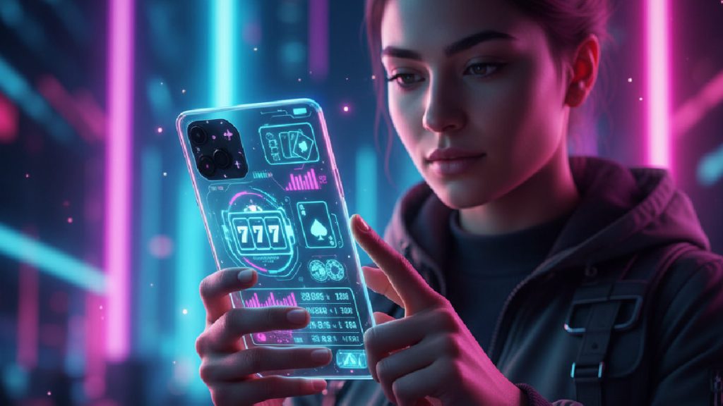 Akıllı telefonunda online bahis ve casino ikonlarını inceleyen bir kişinin modern ve dinamik görüntüsü.