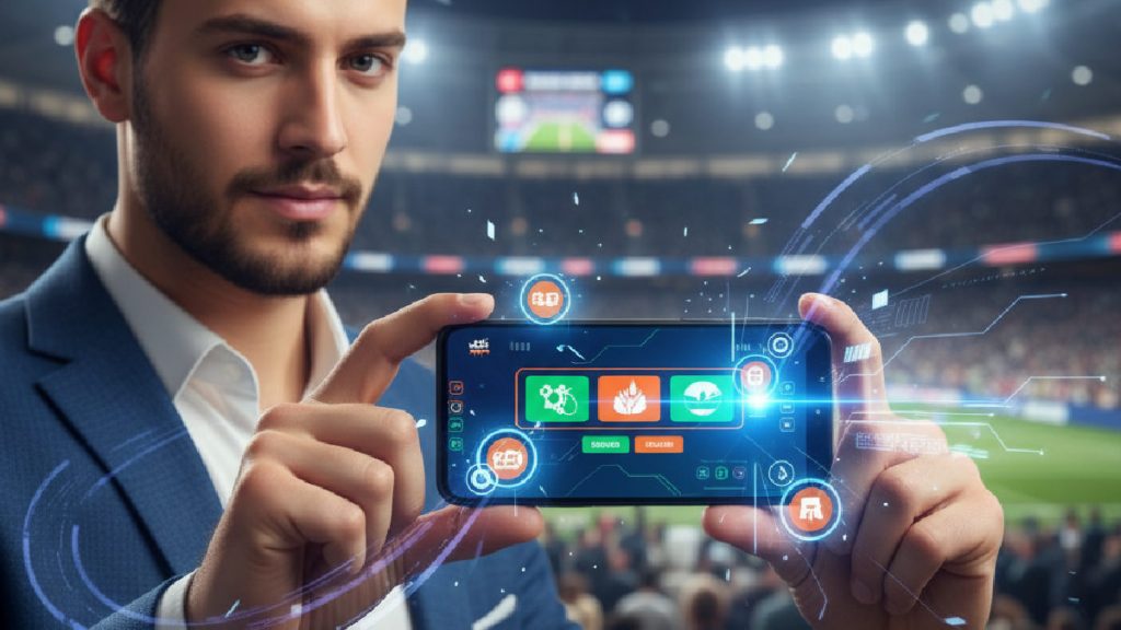 Akıllı telefonunda yasal bahis uygulaması kullanan, bonuslar ve spor içeriği gösteren bir kişi.