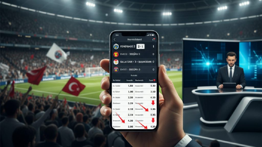 Online bahis takibi ve stratejilerini gösteren akıllı telefon ekranı ile düşen oranlar.